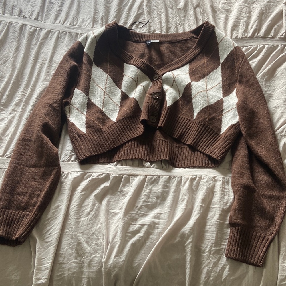 Brown and white patterned button up sweater